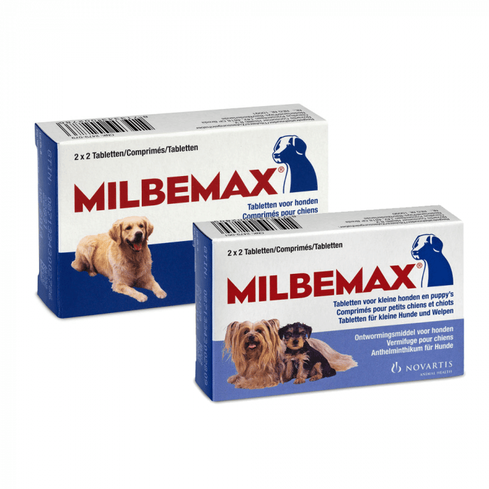 Milbemax hond en pup 4 tabletten 1 Milbemax ontworming hond, puppy, kleine hond, grote hond, hartworm, longworm, vakantie